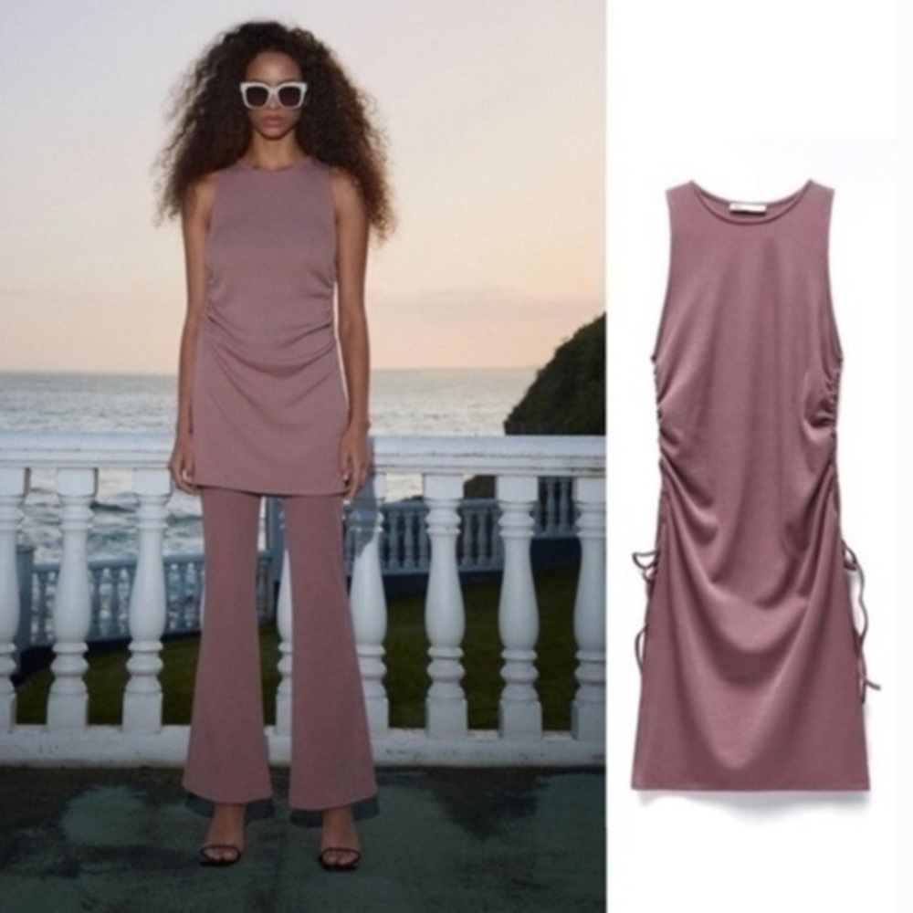 Zara Ribbed Longline Mauve Gathered Tunic top NWT size Small